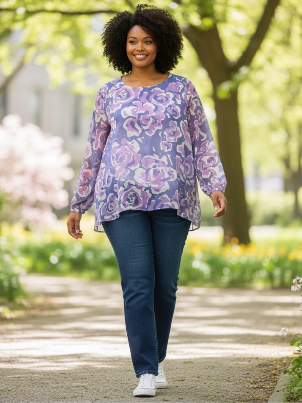 Bob Mackie Lavender and Pink Floral Long Sleeve Tunic